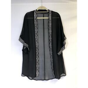 Embroidered Kimono Duster Open Front Womens S/M Black Sheer Boho